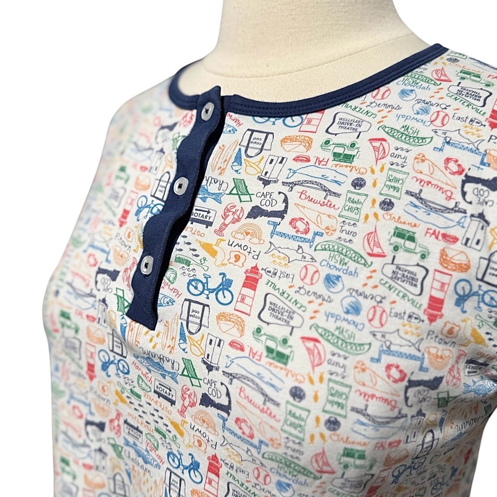 Women's Long Sleeve Printed Henley Pajama Top - Navy Trim - Picture 8 of 10